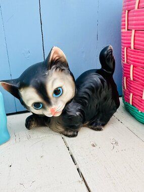 Vintage 1950s 4.5" Ceramic Cat Figurine, Black White, Blue eyed Kitten Decor